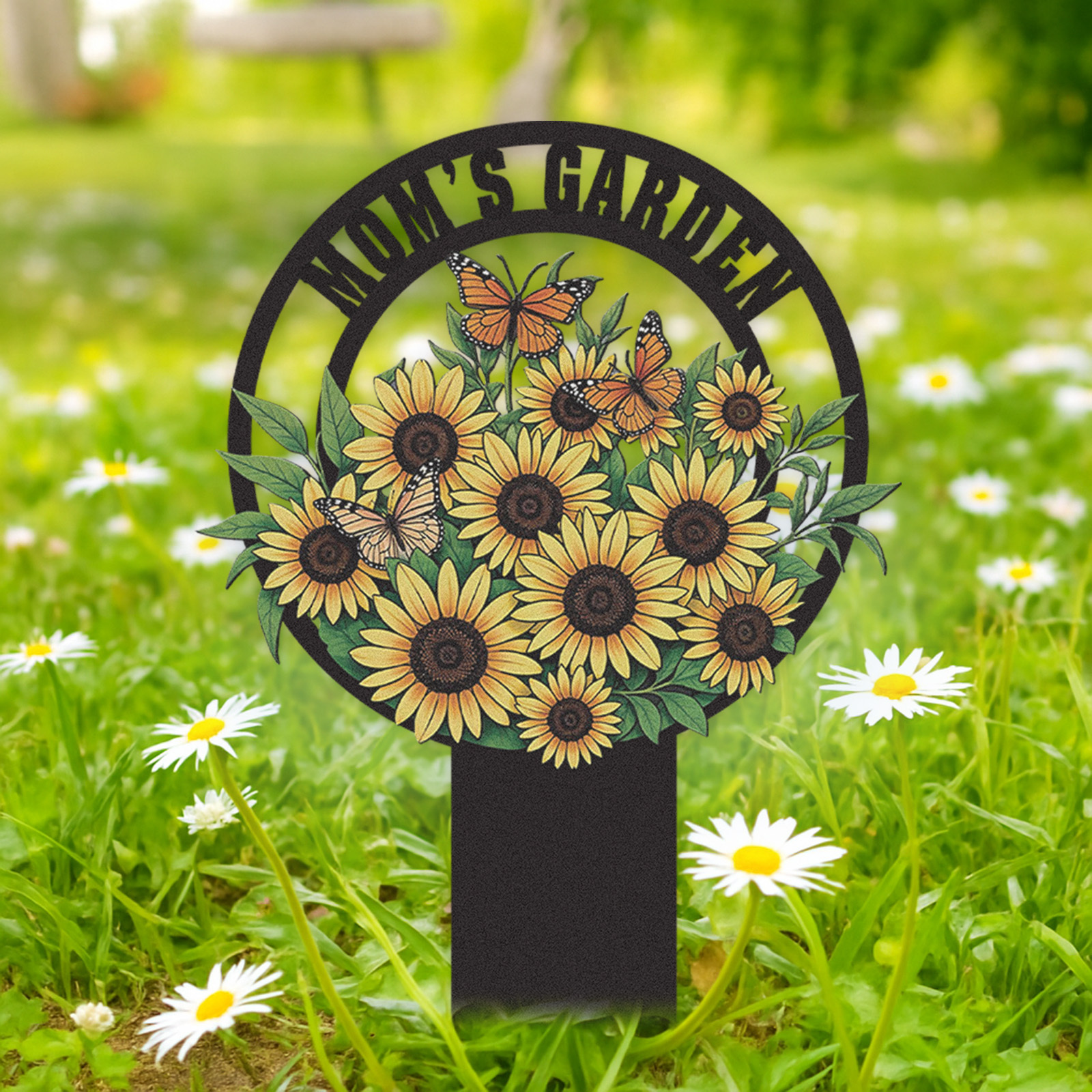 Personalized Sunflower Garden Sign, Custom Mom's Garden Metal Yard Stake with Butterflies, Colorful Garden Decor Outdoor Flower Sign for Mother's Garden