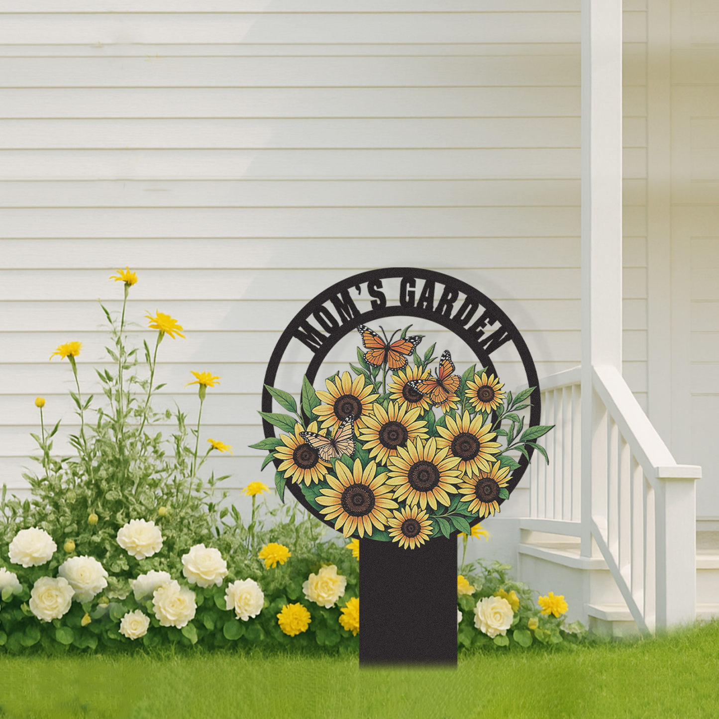 Personalized Sunflower Garden Sign, Custom Mom's Garden Metal Yard Stake with Butterflies, Colorful Garden Decor Outdoor Flower Sign for Mother's Garden