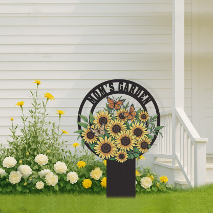 Personalized Sunflower Garden Sign, Custom Mom's Garden Metal Yard Stake with Butterflies, Colorful Garden Decor Outdoor Flower Sign for Mother's Garden