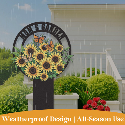 Personalized Sunflower Garden Sign, Custom Mom's Garden Metal Yard Stake with Butterflies, Colorful Garden Decor Outdoor Flower Sign for Mother's Garden