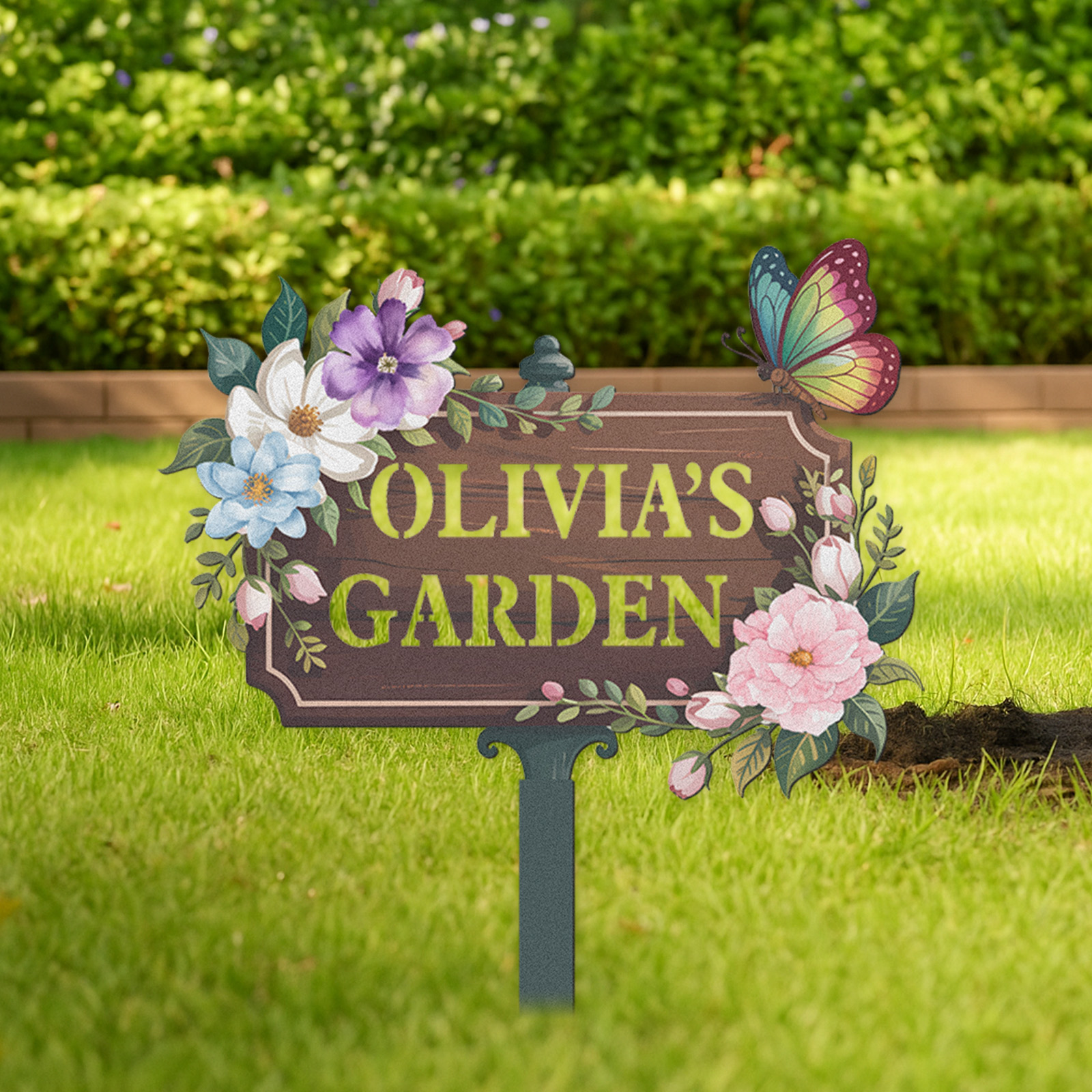 Personalized Wooden Look Garden Sign, Custom Olivia's Garden Metal Yard Sign with Flowers and Butterfly, Vintage Floral Garden Stake Outdoor Decor for Her Garden