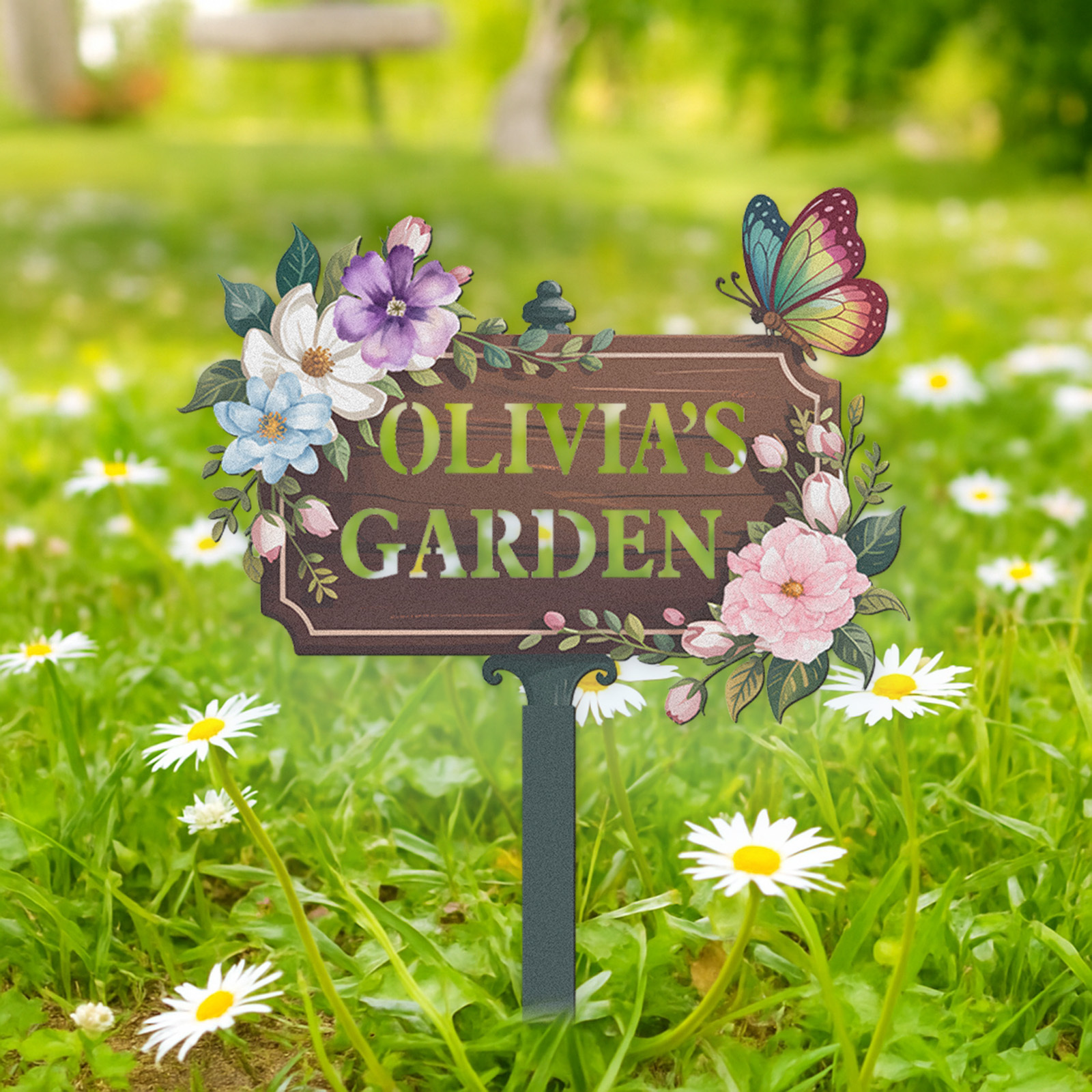 Personalized Wooden Look Garden Sign, Custom Olivia's Garden Metal Yard Sign with Flowers and Butterfly, Vintage Floral Garden Stake Outdoor Decor for Her Garden