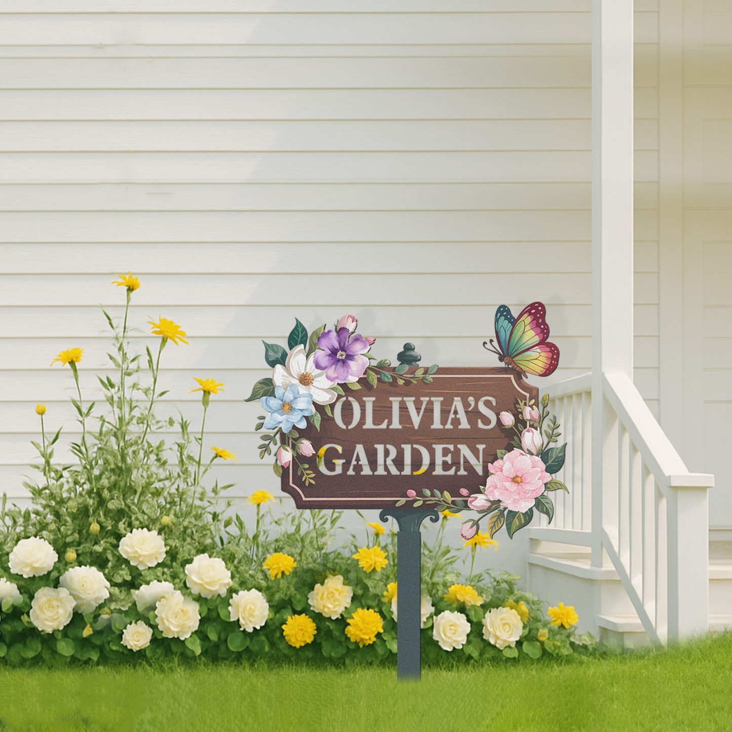 Personalized Wooden Look Garden Sign, Custom Olivia's Garden Metal Yard Sign with Flowers and Butterfly, Vintage Floral Garden Stake Outdoor Decor for Her Garden