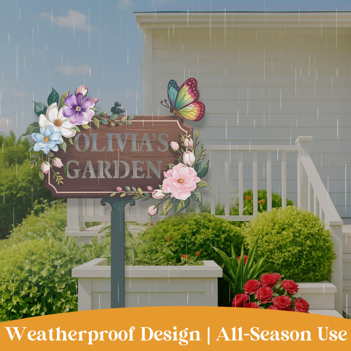Personalized Wooden Look Garden Sign, Custom Olivia's Garden Metal Yard Sign with Flowers and Butterfly, Vintage Floral Garden Stake Outdoor Decor for Her Garden