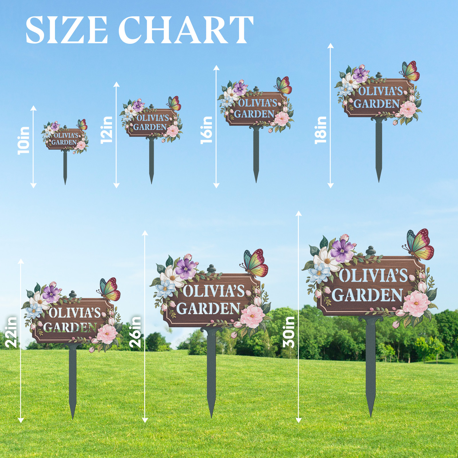 Personalized Wooden Look Garden Sign, Custom Olivia's Garden Metal Yard Sign with Flowers and Butterfly, Vintage Floral Garden Stake Outdoor Decor for Her Garden