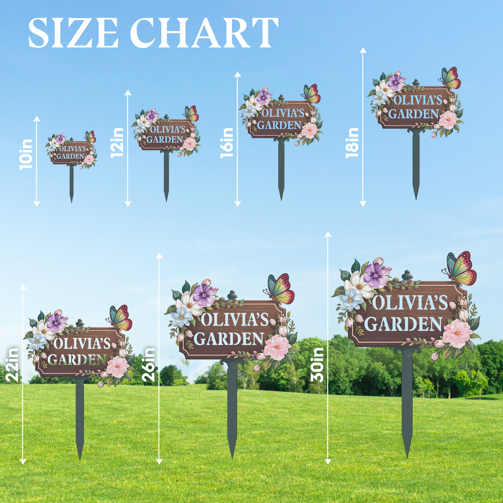 Personalized Wooden Look Garden Sign, Custom Olivia's Garden Metal Yard Sign with Flowers and Butterfly, Vintage Floral Garden Stake Outdoor Decor for Her Garden