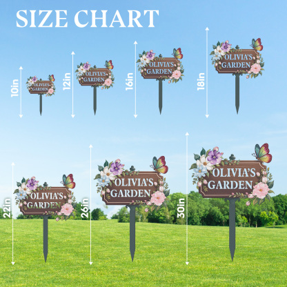 Personalized Wooden Look Garden Sign, Custom Olivia's Garden Metal Yard Sign with Flowers and Butterfly, Vintage Floral Garden Stake Outdoor Decor for Her Garden