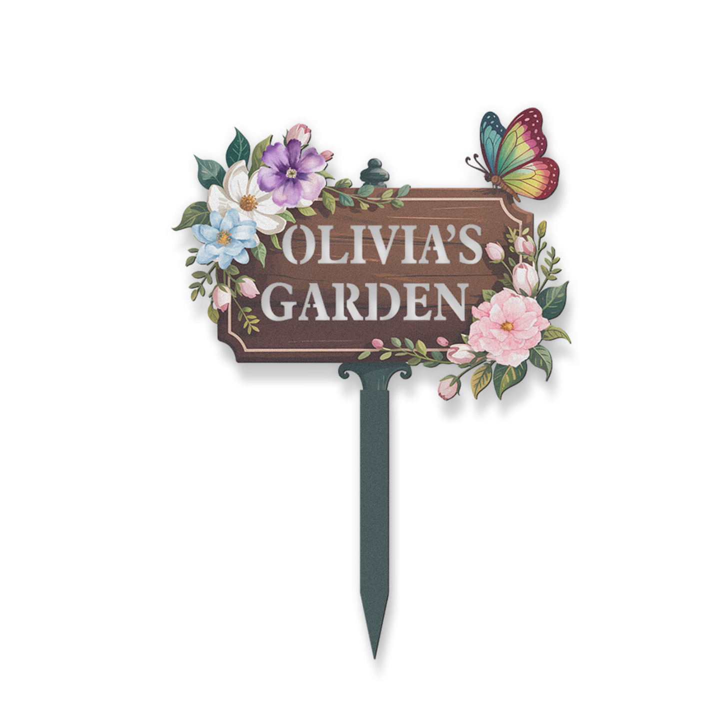 Personalized Wooden Look Garden Sign, Custom Olivia's Garden Metal Yard Sign with Flowers and Butterfly, Vintage Floral Garden Stake Outdoor Decor for Her Garden