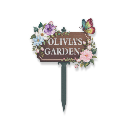 Personalized Wooden Look Garden Sign, Custom Olivia's Garden Metal Yard Sign with Flowers and Butterfly, Vintage Floral Garden Stake Outdoor Decor for Her Garden