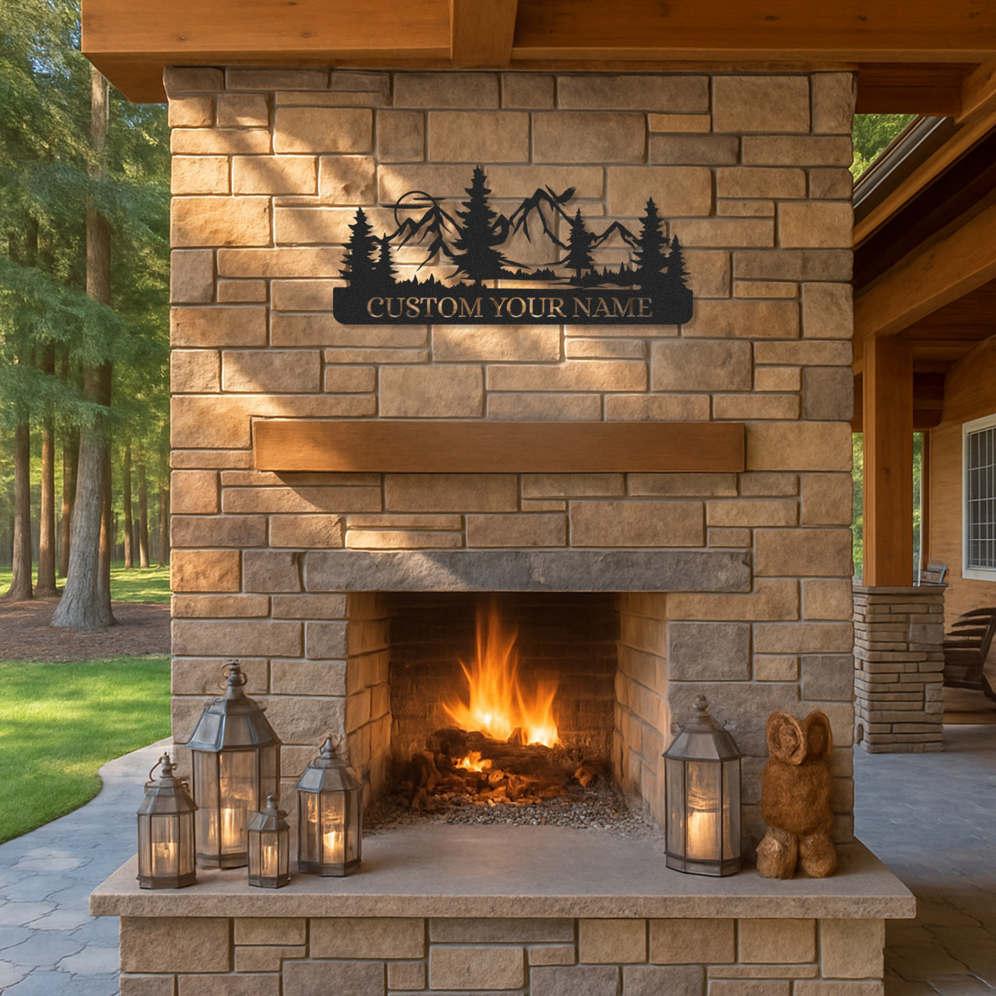 Personalized Deer Family Sign with Trees and Sunset, Custom Name Metal Art for Hunting Lodge or Outdoor Decor