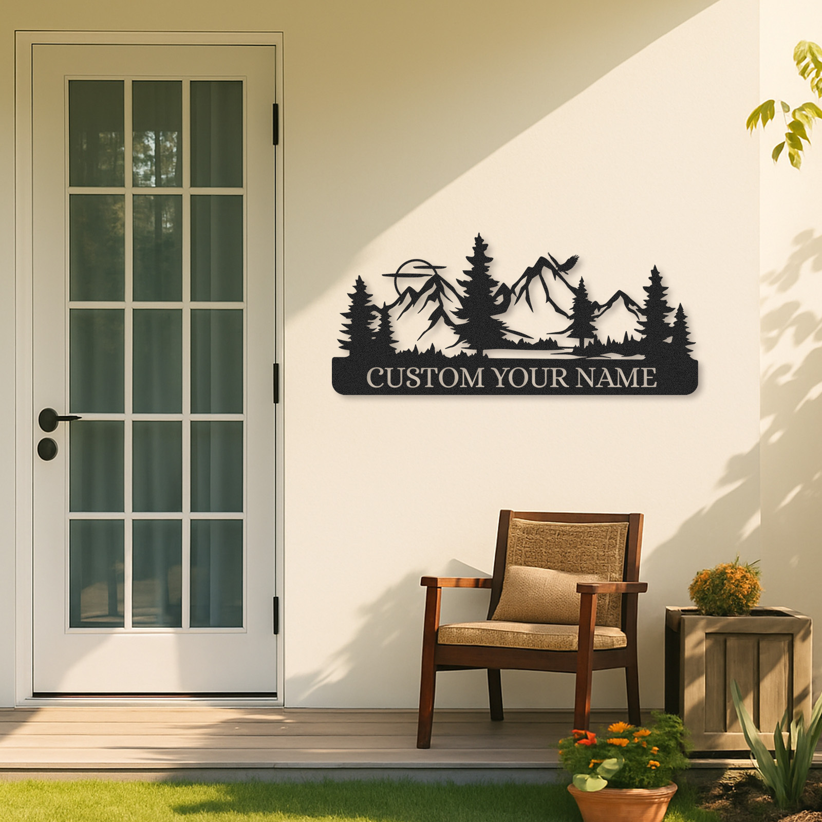 Personalized Deer Family Sign with Trees and Sunset, Custom Name Metal Art for Hunting Lodge or Outdoor Decor