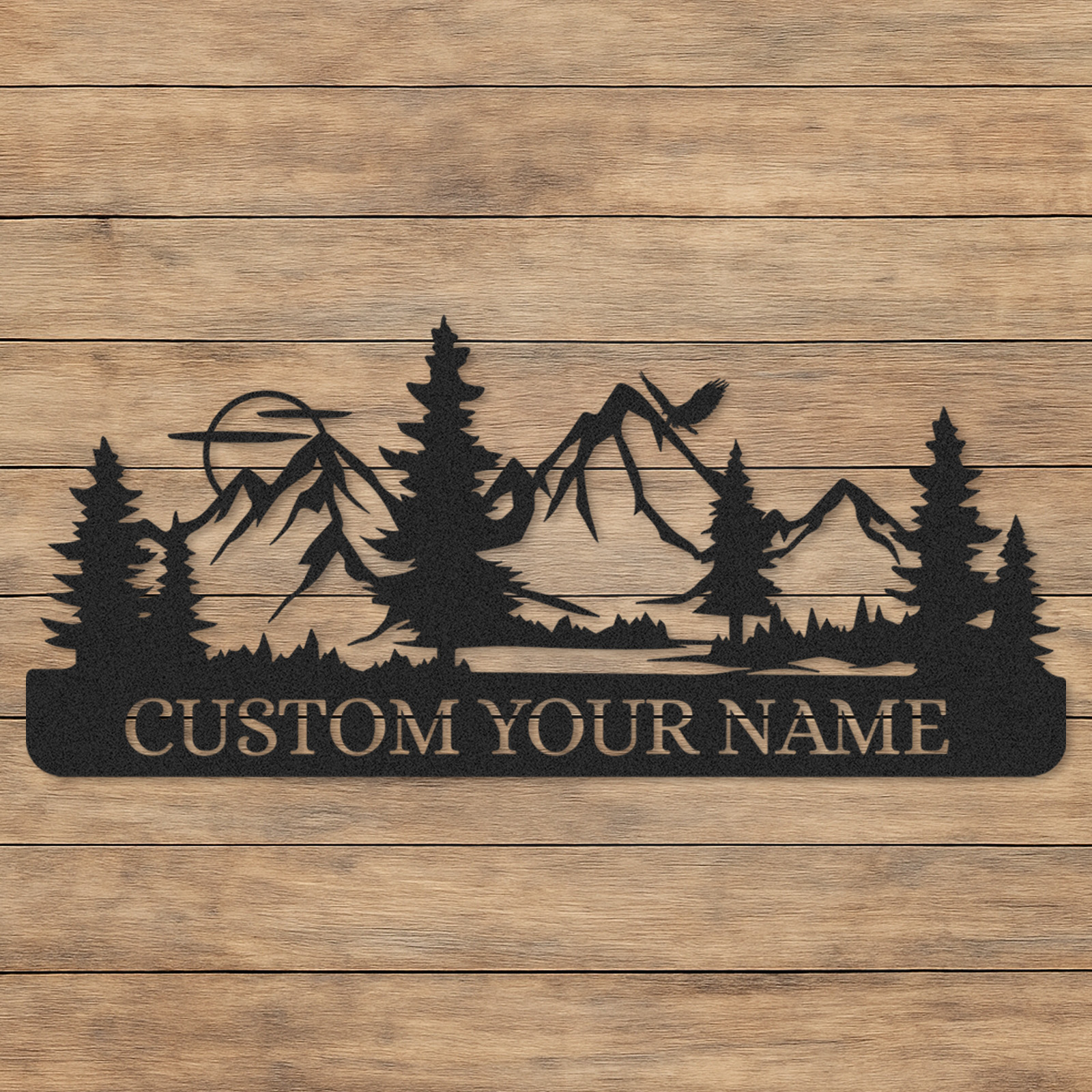 Personalized Deer Family Sign with Trees and Sunset, Custom Name Metal Art for Hunting Lodge or Outdoor Decor