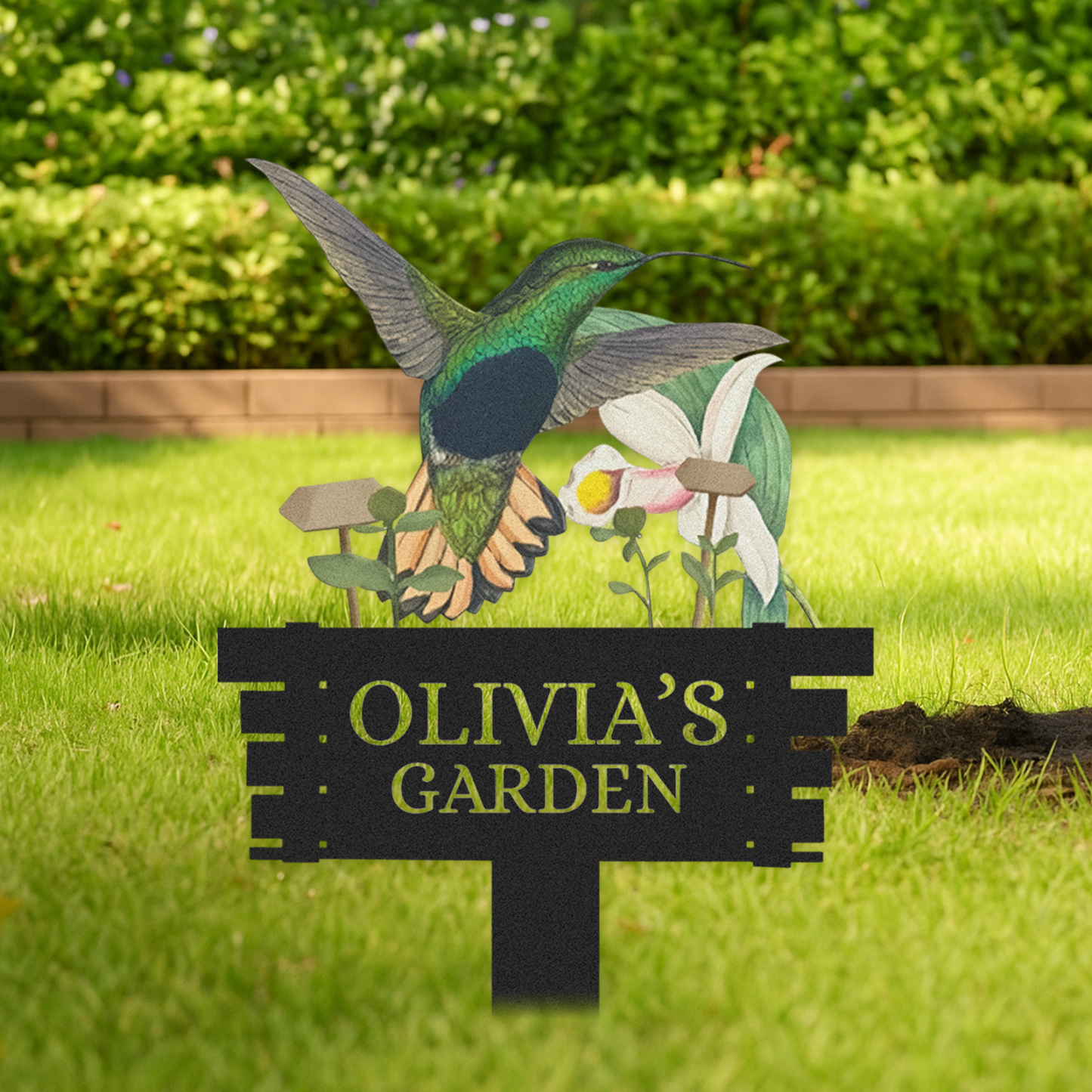 Personalized Humming Bird Flowers Garden Sign, Custom Metal Garden Signs for Outside, Custom Colorful Bird Garden Decor Art Yard Signs with Stakes,