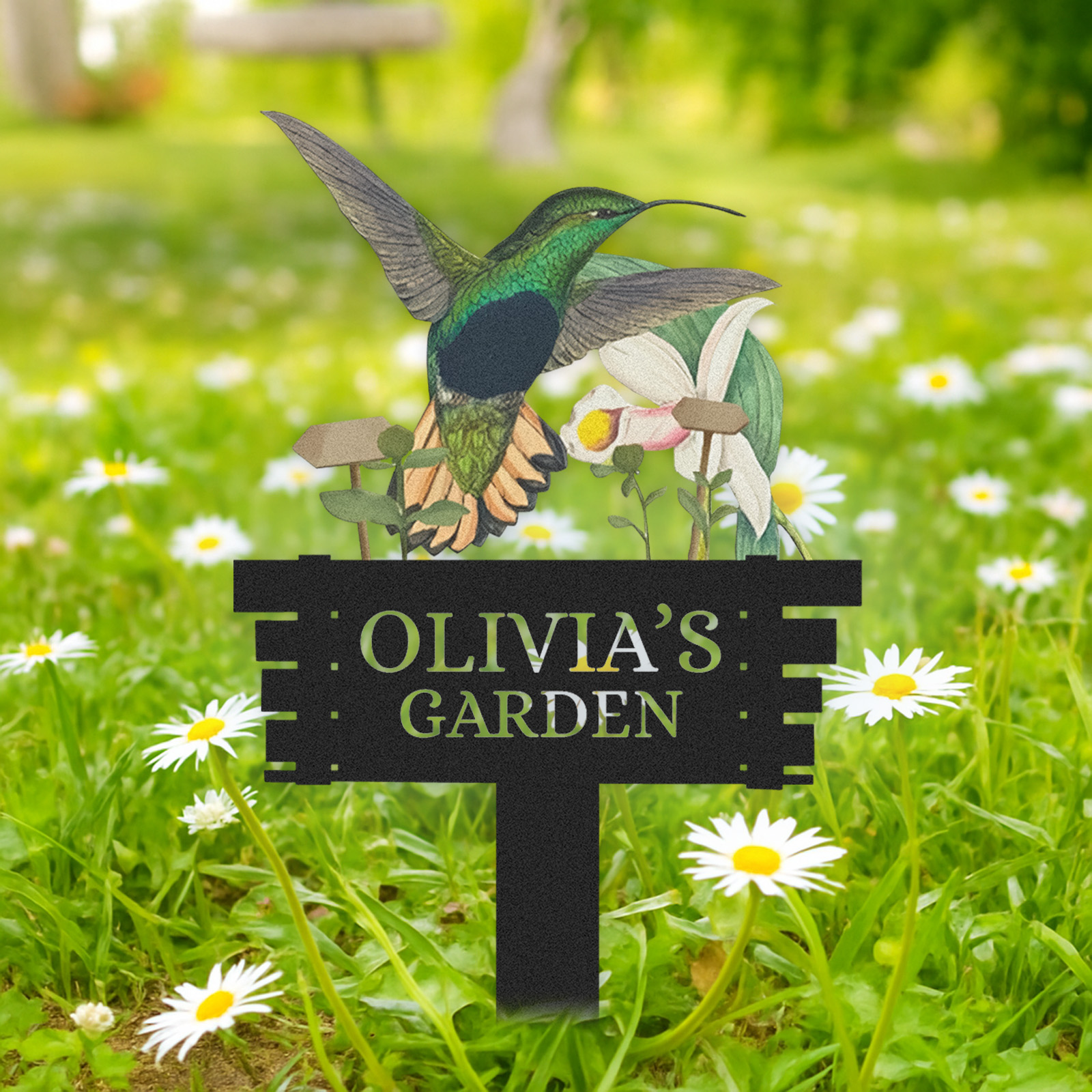 Personalized Humming Bird Flowers Garden Sign, Custom Metal Garden Signs for Outside, Custom Colorful Bird Garden Decor Art Yard Signs with Stakes,