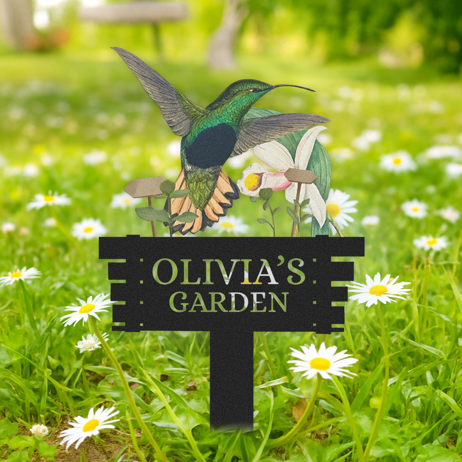 Personalized Humming Bird Flowers Garden Sign, Custom Metal Garden Signs for Outside, Custom Colorful Bird Garden Decor Art Yard Signs with Stakes,