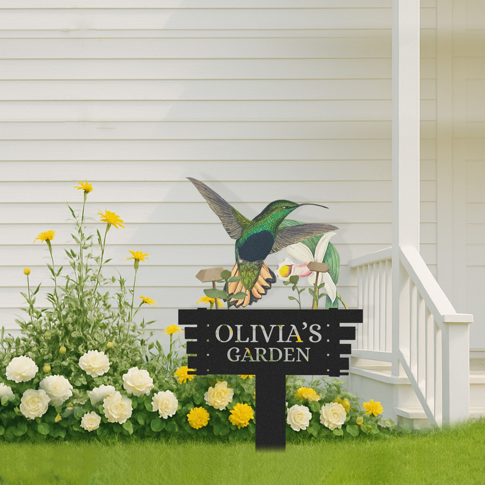 Personalized Humming Bird Flowers Garden Sign, Custom Metal Garden Signs for Outside, Custom Colorful Bird Garden Decor Art Yard Signs with Stakes,