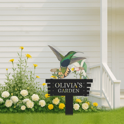 Personalized Humming Bird Flowers Garden Sign, Custom Metal Garden Signs for Outside, Custom Colorful Bird Garden Decor Art Yard Signs with Stakes,