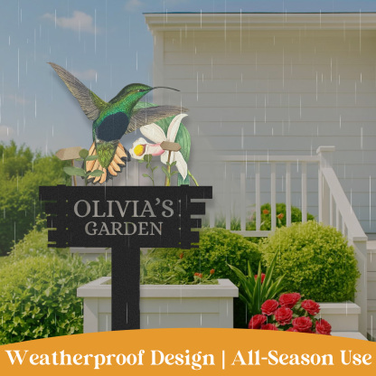 Personalized Humming Bird Flowers Garden Sign, Custom Metal Garden Signs for Outside, Custom Colorful Bird Garden Decor Art Yard Signs with Stakes,