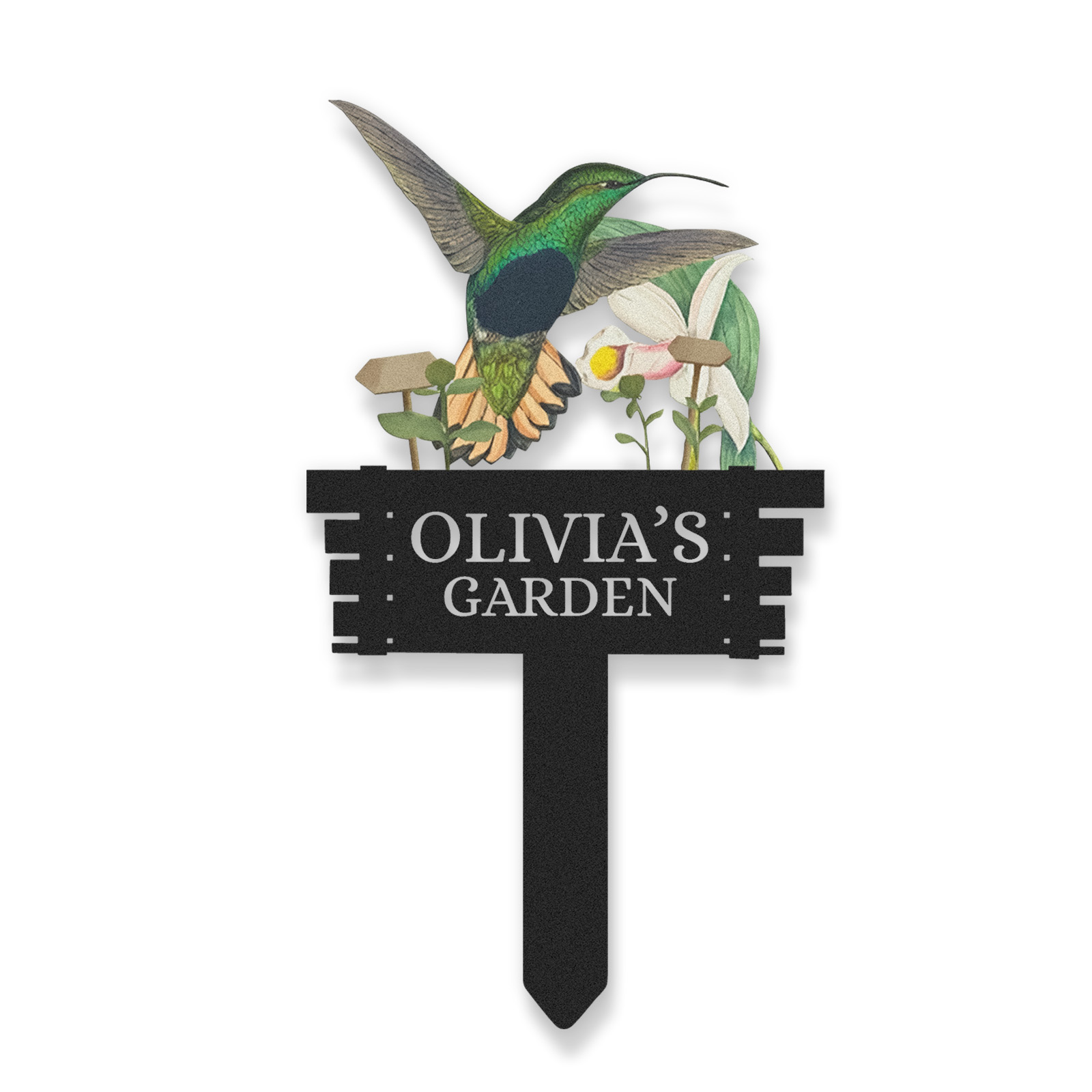 Personalized Humming Bird Flowers Garden Sign, Custom Metal Garden Signs for Outside, Custom Colorful Bird Garden Decor Art Yard Signs with Stakes,