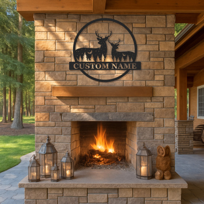 Personalized Couple Deer Metal Sign, Custom Name Woodland Scene with Moon and Pines for Home or Lodge Decor