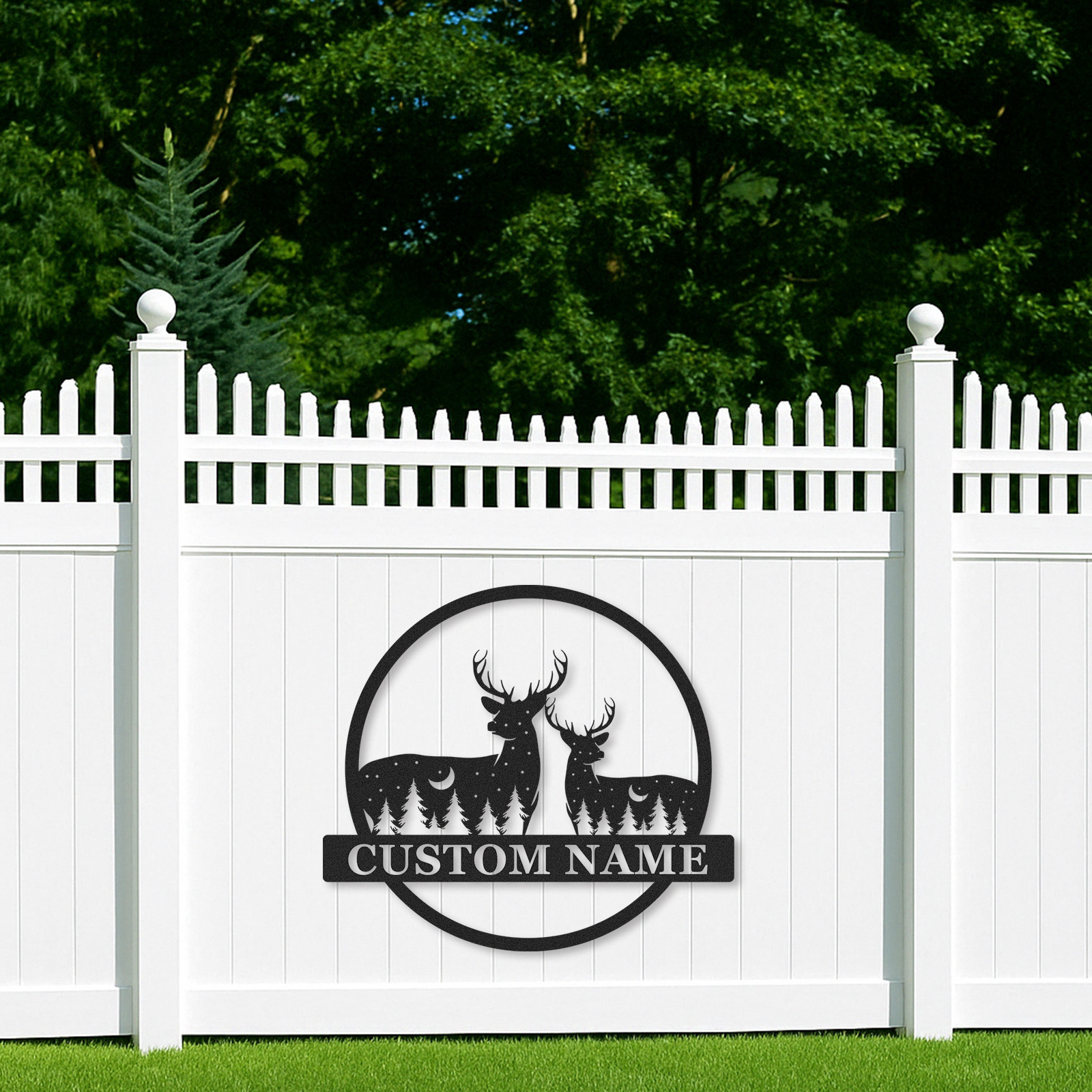 Personalized Couple Deer Metal Sign, Custom Name Woodland Scene with Moon and Pines for Home or Lodge Decor