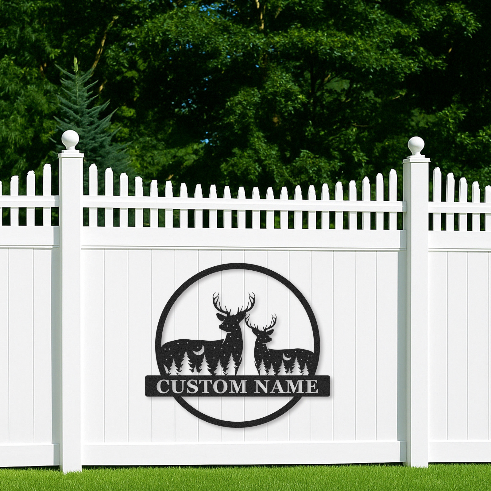 Personalized Couple Deer Metal Sign, Custom Name Woodland Scene with Moon and Pines for Home or Lodge Decor