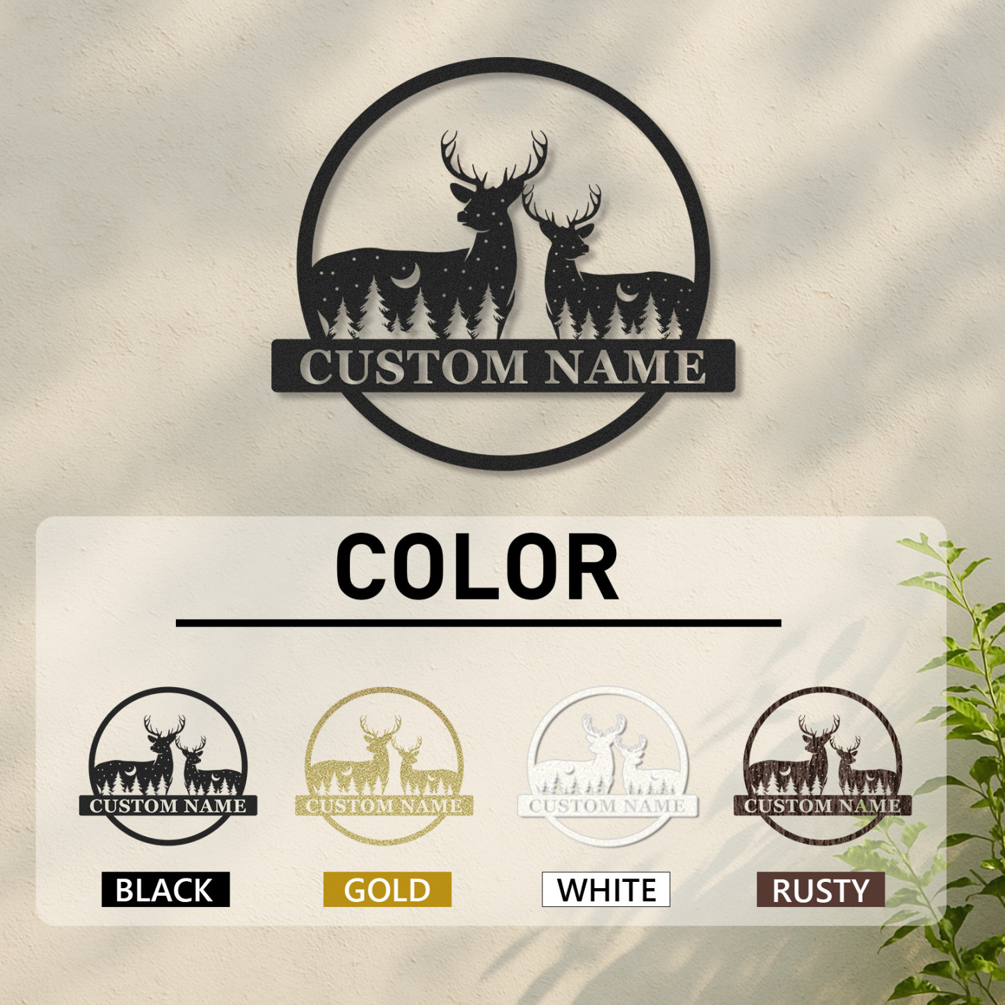 Personalized Couple Deer Metal Sign, Custom Name Woodland Scene with Moon and Pines for Home or Lodge Decor