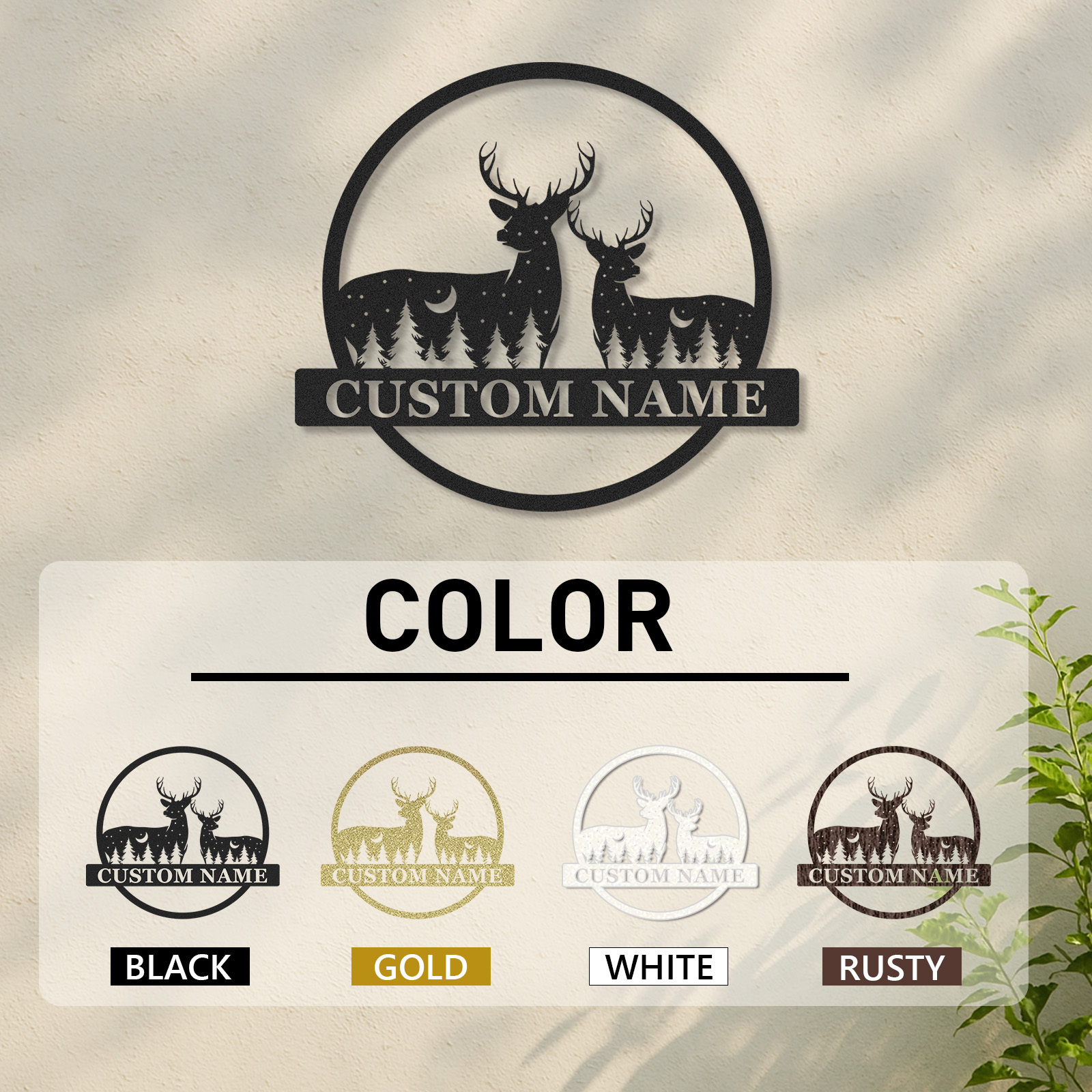 Personalized Couple Deer Metal Sign, Custom Name Woodland Scene with Moon and Pines for Home or Lodge Decor