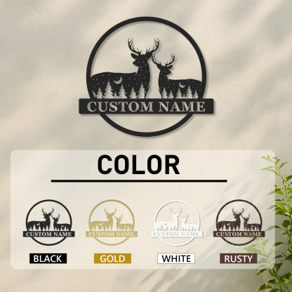 Personalized Couple Deer Metal Sign, Custom Name Woodland Scene with Moon and Pines for Home or Lodge Decor