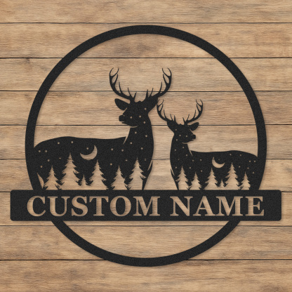 Personalized Couple Deer Metal Sign, Custom Name Woodland Scene with Moon and Pines for Home or Lodge Decor