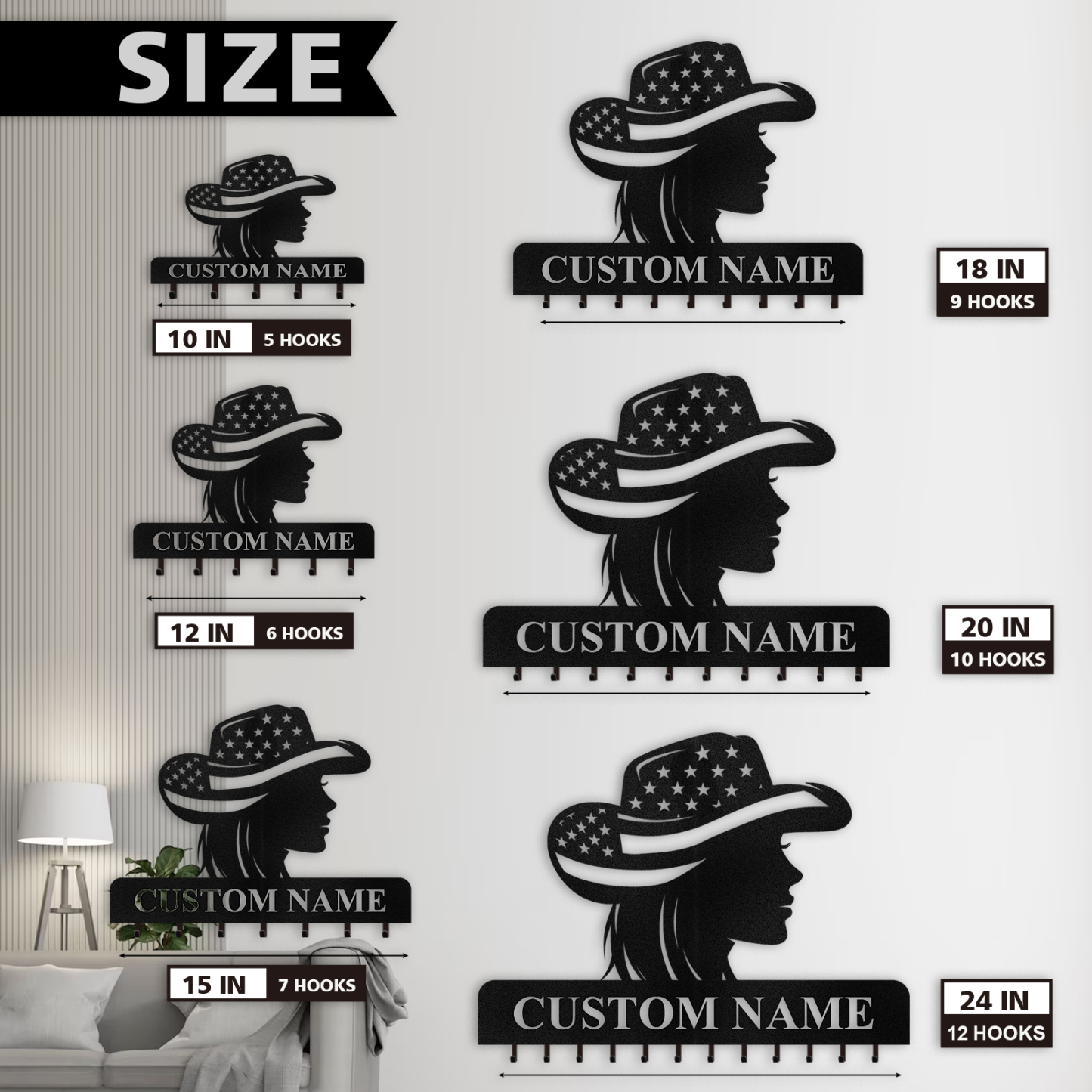 Personalized Cowgirl Metal Coat Hooks, Key Holder Wall Mount, Clothes Hat Key Rack Organizer, Western Wall Art, Key Hanger Wall Decor for Living Room Bedroom Kitchen Entryway Color06