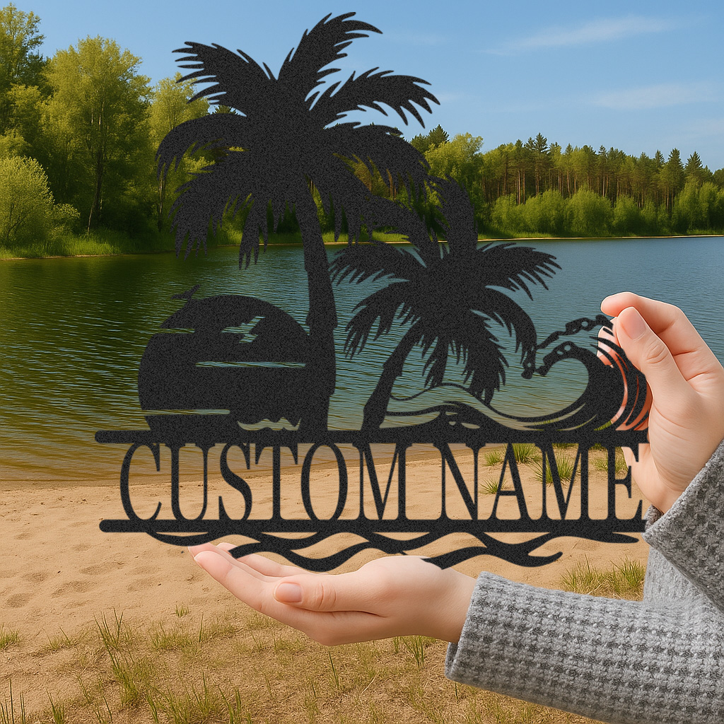 Custom Tropical Wave Metal Sign, Personalized Palm Tree and Sunset Ocean Scene for Beach House, Poolside, or Tiki Bar Decor