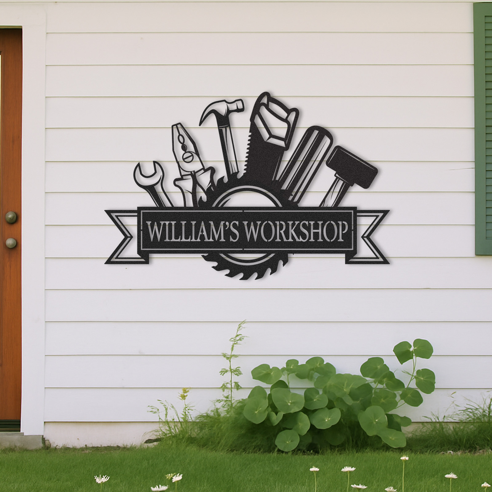 Custom William's Workshop Metal Sign with Tools, Personalized Metal Garage Decor for Dad, Grandpa or Him, Great Gift for Father’s Day or Birthday
