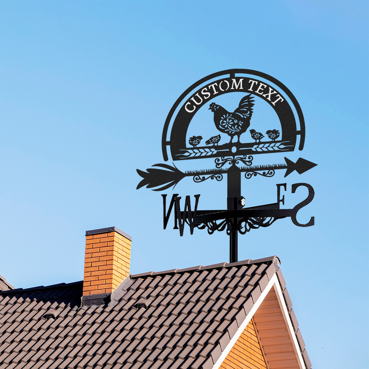 Personalized Chicken Family Metal Weather Vane with Custom Text, Farmhouse Roof Wind Direction Indicator Outdoor Yard Barn Decor