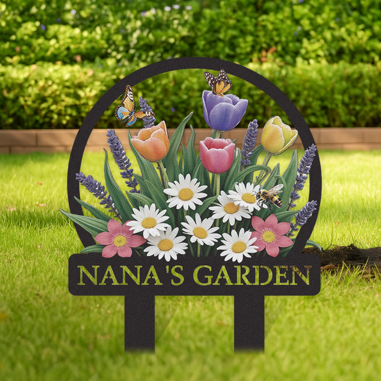 Personalized Colorful Garden Sign with Butterflies and Daisies, Custom Metal Yard Stake with Tulips and Bees, Floral Garden Decor Name Sign for Outdoor Patio or Backyard