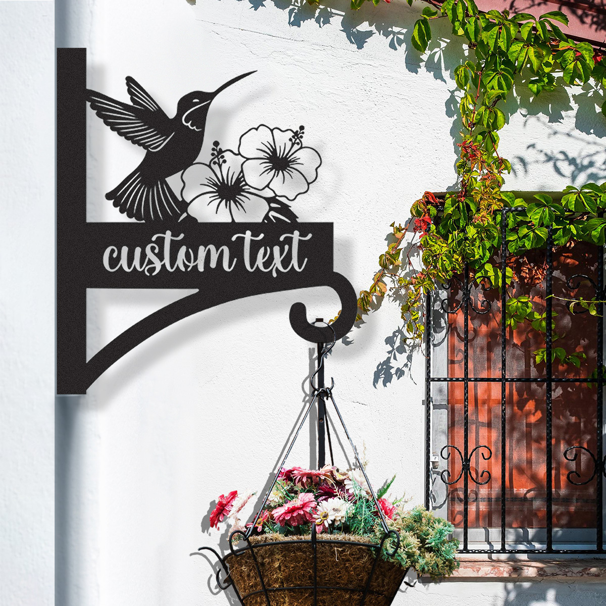 Custom Hummingbird Flower Plant Hanger, Personalized Outdoor Metal Wall Hook for Hanging Baskets, Bird Feeders or Lanterns, Elegant Garden Sign Decor