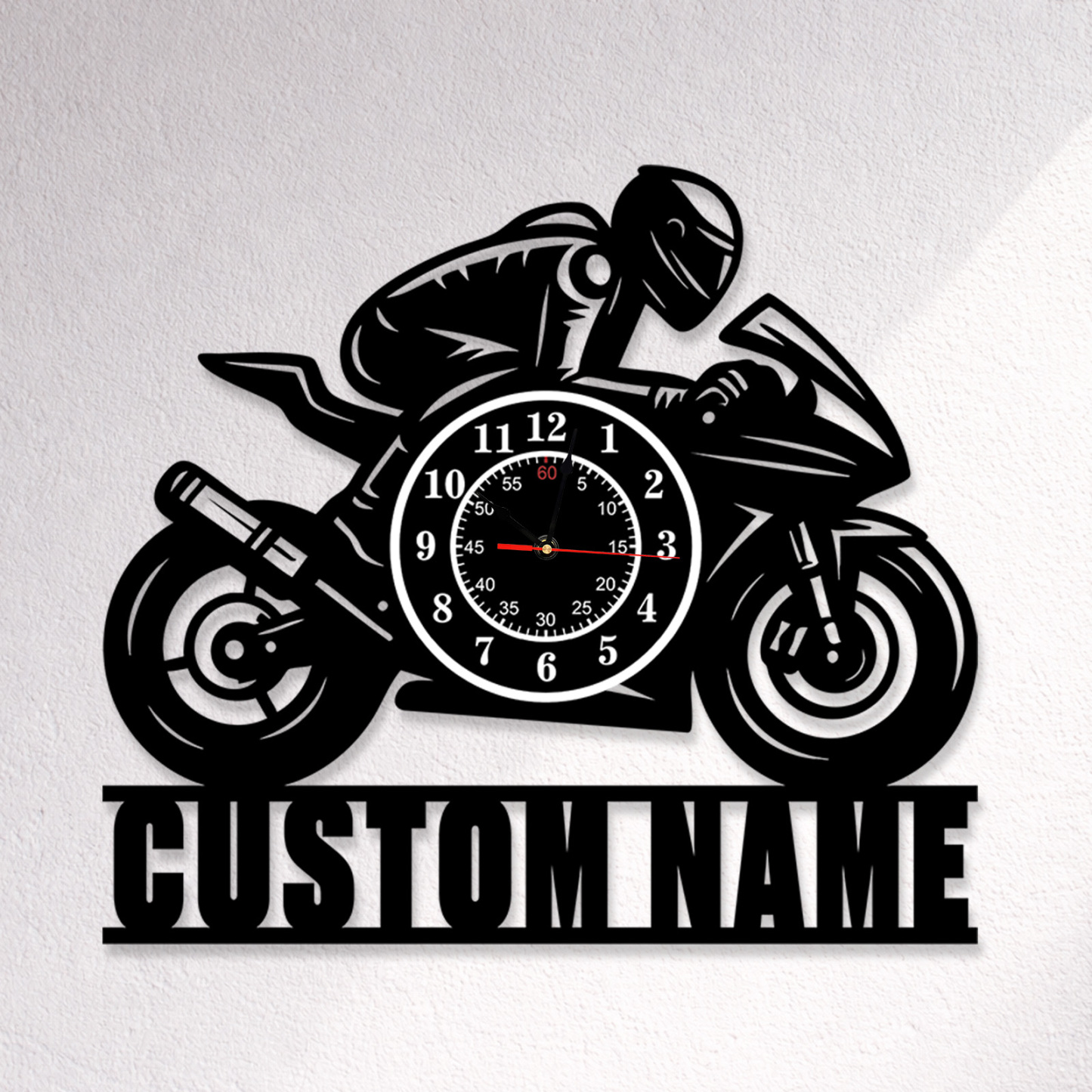 Personalized Motorcycle Metal Wall Clock with Custom Name, Sport Bike Silhouette Garage Decor, Silent Industrial Wall Art for Man Cave