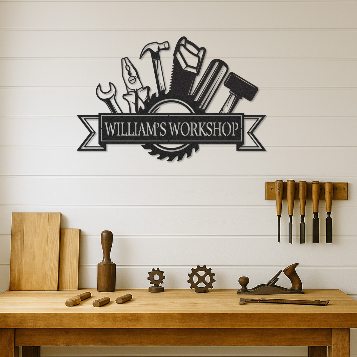 Custom William's Workshop Metal Sign with Tools, Personalized Metal Garage Decor for Dad, Grandpa or Him, Great Gift for Father’s Day or Birthday