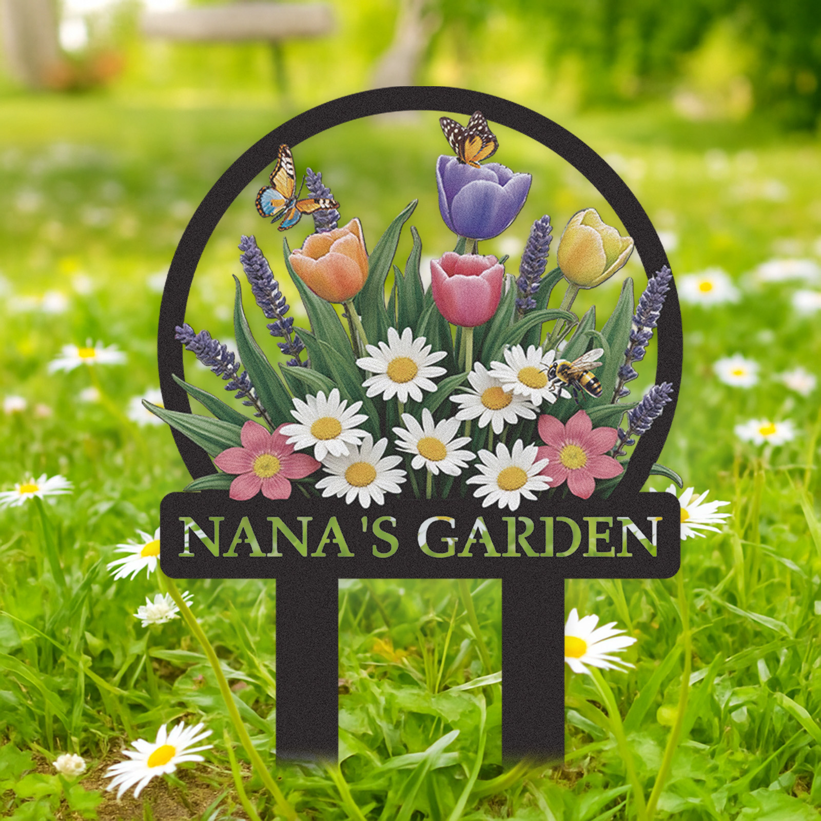 Personalized Colorful Garden Sign with Butterflies and Daisies, Custom Metal Yard Stake with Tulips and Bees, Floral Garden Decor Name Sign for Outdoor Patio or Backyard