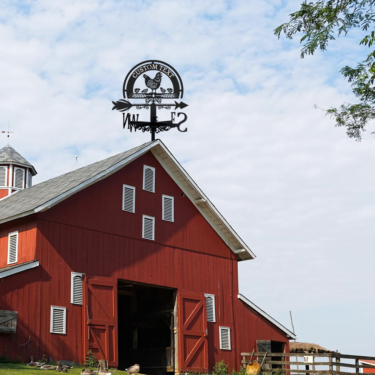 Personalized Chicken Family Metal Weather Vane with Custom Text, Farmhouse Roof Wind Direction Indicator Outdoor Yard Barn Decor