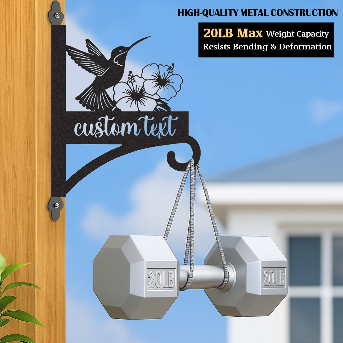 Custom Hummingbird Flower Plant Hanger, Personalized Outdoor Metal Wall Hook for Hanging Baskets, Bird Feeders or Lanterns, Elegant Garden Sign Decor