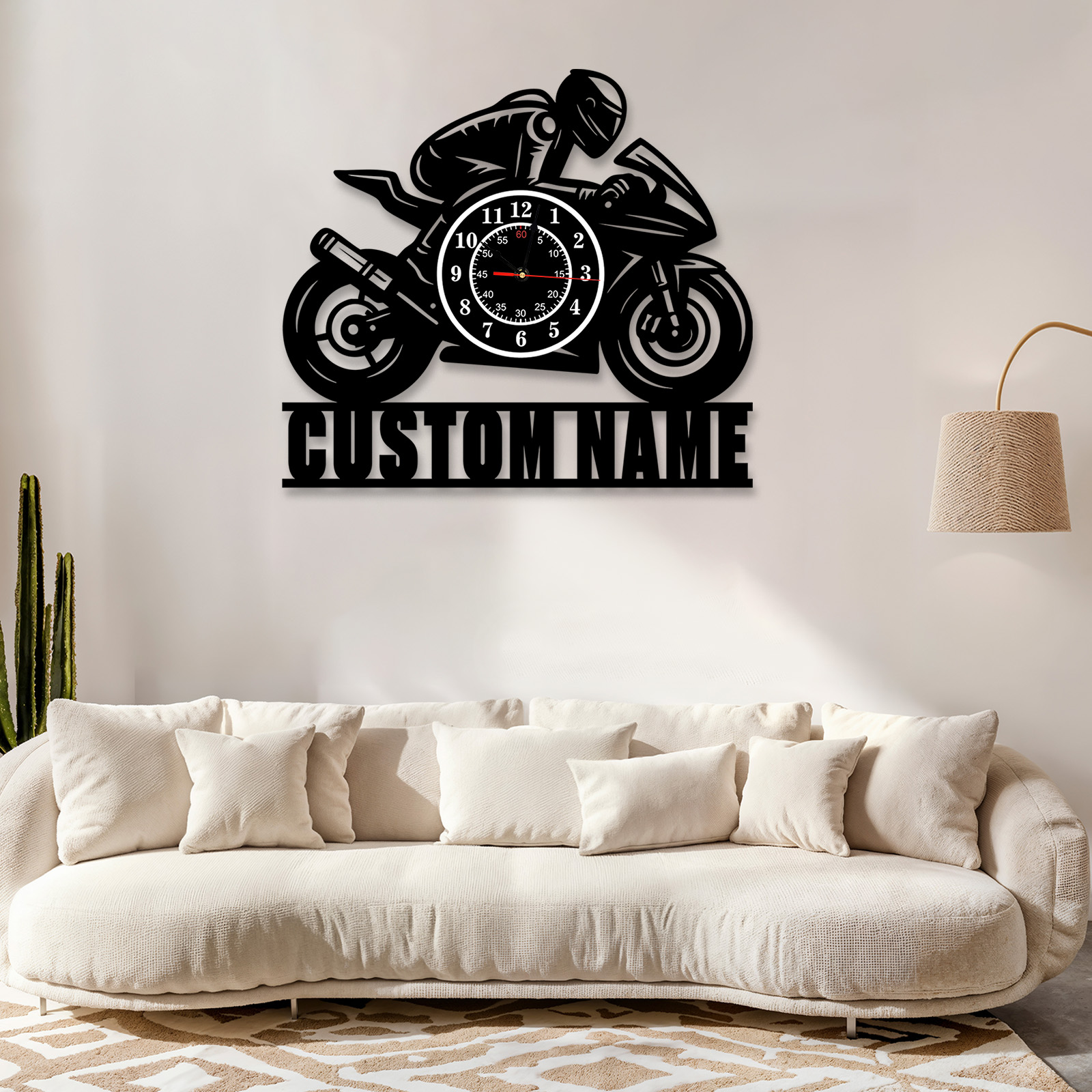 Personalized Motorcycle Metal Wall Clock with Custom Name, Sport Bike Silhouette Garage Decor, Silent Industrial Wall Art for Man Cave