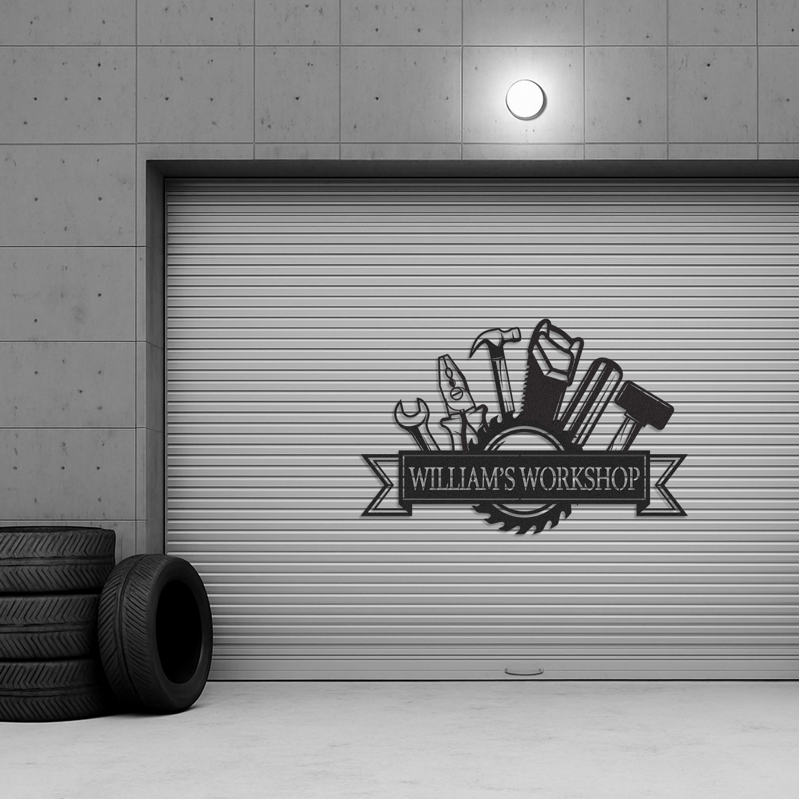 Custom William's Workshop Metal Sign with Tools, Personalized Metal Garage Decor for Dad, Grandpa or Him, Great Gift for Father’s Day or Birthday