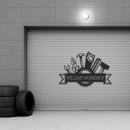Custom William's Workshop Metal Sign with Tools, Personalized Metal Garage Decor for Dad, Grandpa or Him, Great Gift for Father’s Day or Birthday