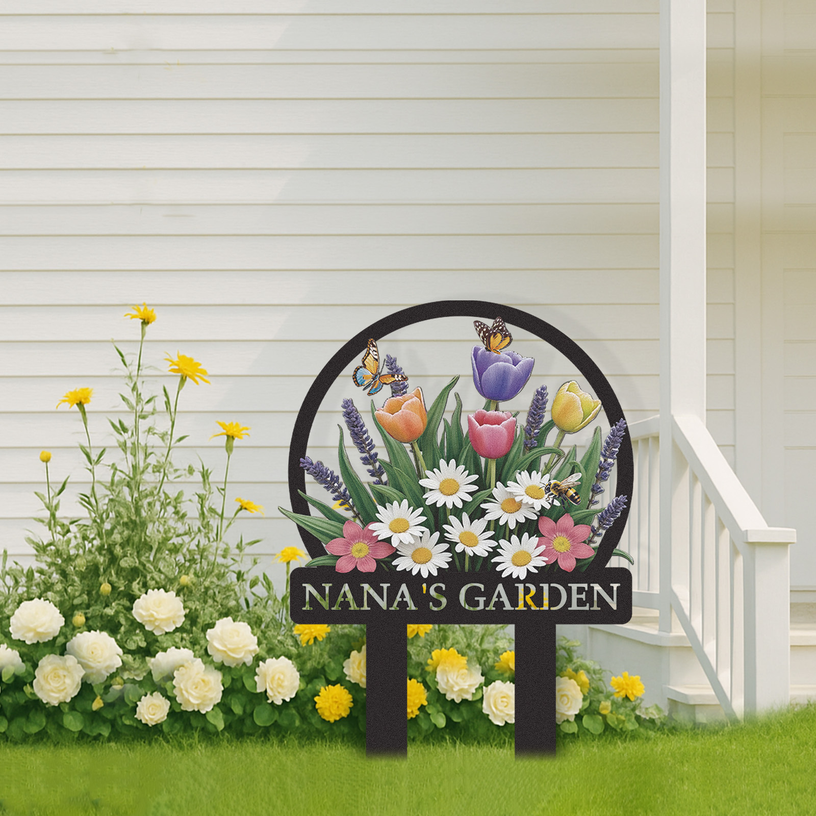 Personalized Colorful Garden Sign with Butterflies and Daisies, Custom Metal Yard Stake with Tulips and Bees, Floral Garden Decor Name Sign for Outdoor Patio or Backyard
