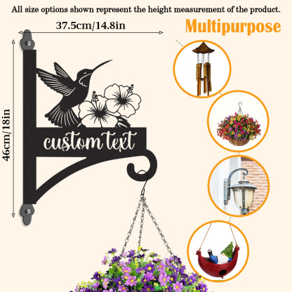 Custom Hummingbird Flower Plant Hanger, Personalized Outdoor Metal Wall Hook for Hanging Baskets, Bird Feeders or Lanterns, Elegant Garden Sign Decor