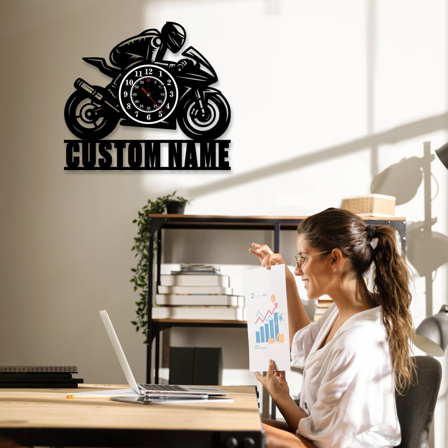 Personalized Motorcycle Metal Wall Clock with Custom Name, Sport Bike Silhouette Garage Decor, Silent Industrial Wall Art for Man Cave