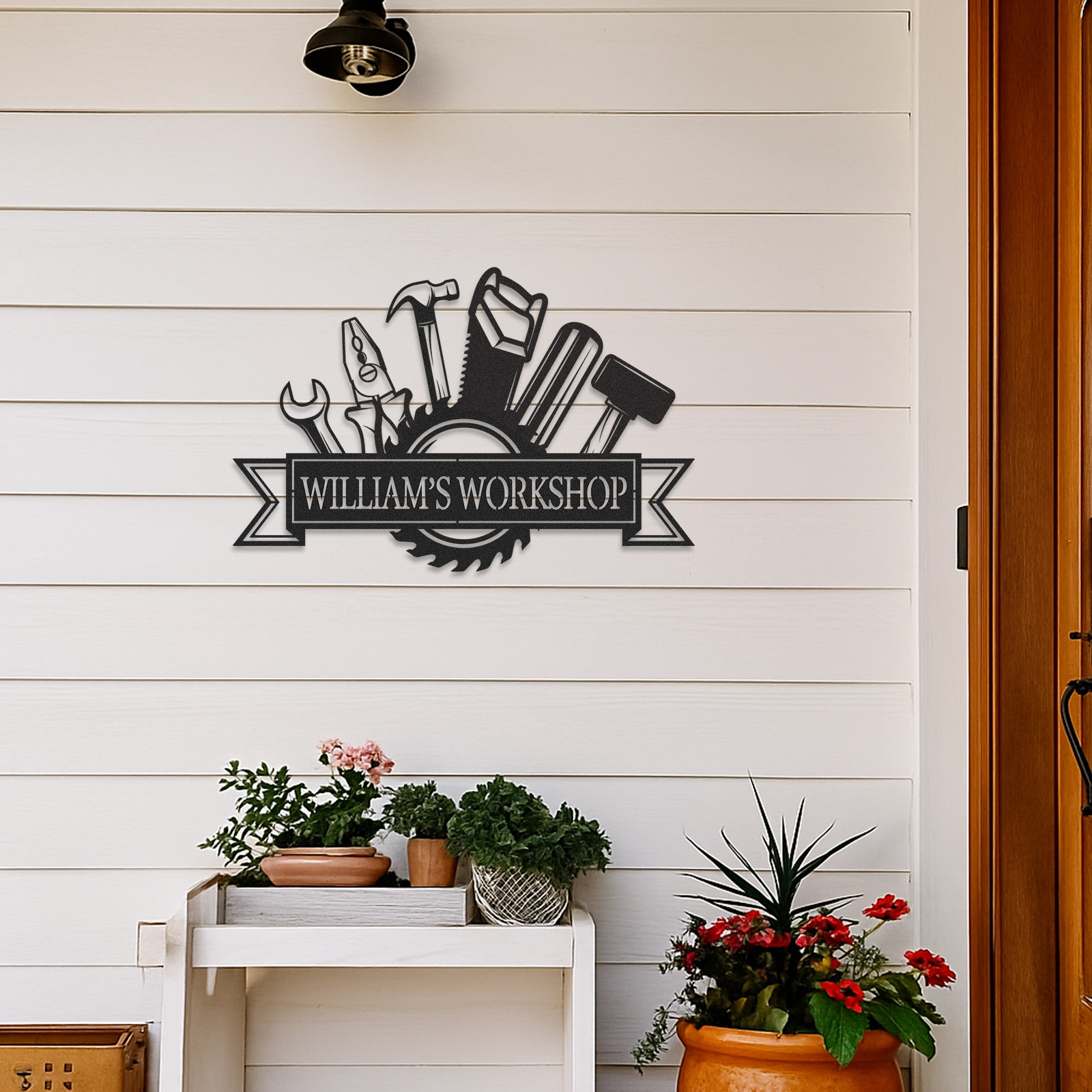Custom William's Workshop Metal Sign with Tools, Personalized Metal Garage Decor for Dad, Grandpa or Him, Great Gift for Father’s Day or Birthday