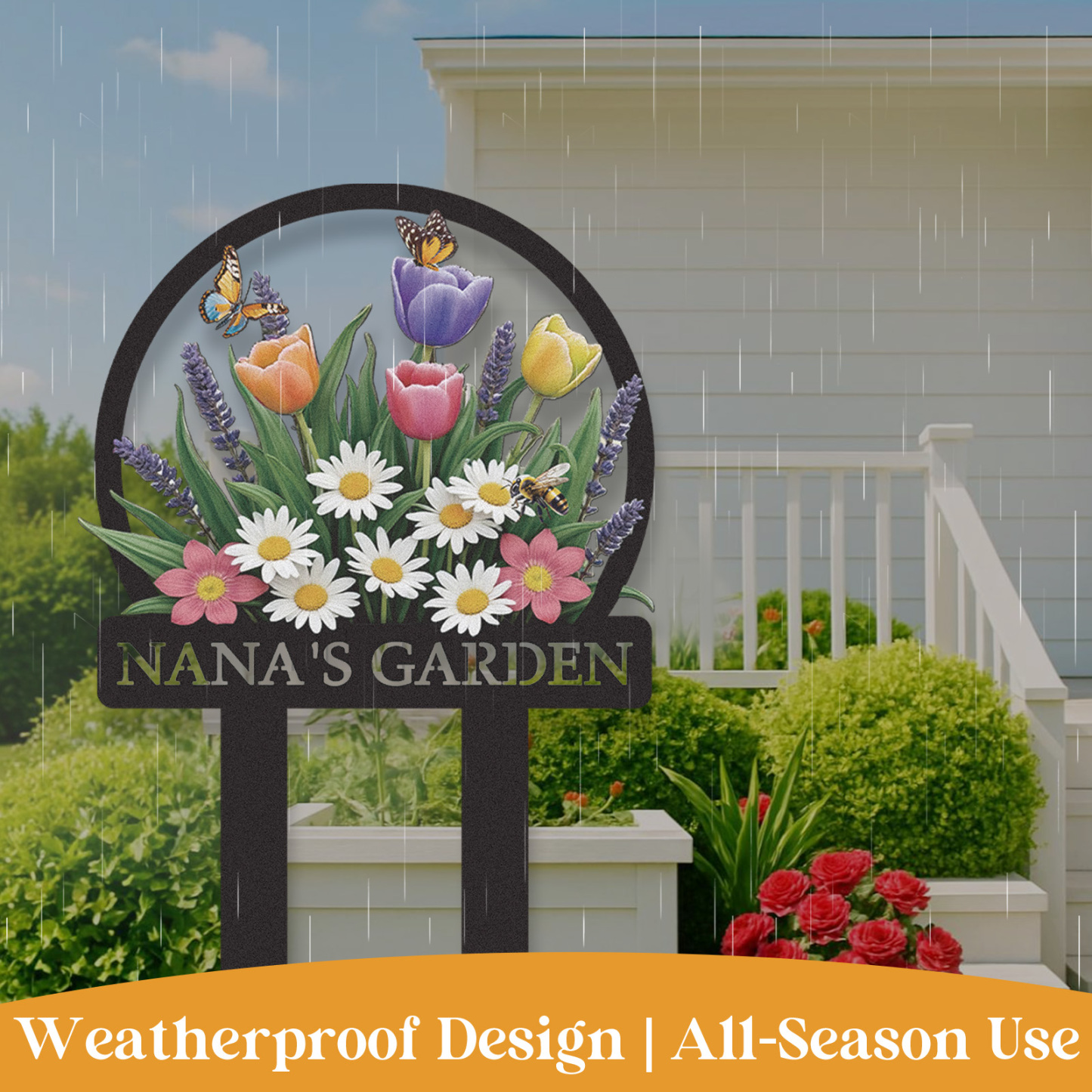 Personalized Colorful Garden Sign with Butterflies and Daisies, Custom Metal Yard Stake with Tulips and Bees, Floral Garden Decor Name Sign for Outdoor Patio or Backyard