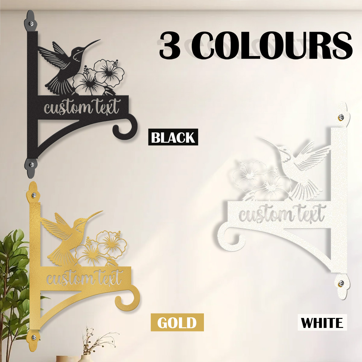 Custom Hummingbird Flower Plant Hanger, Personalized Outdoor Metal Wall Hook for Hanging Baskets, Bird Feeders or Lanterns, Elegant Garden Sign Decor